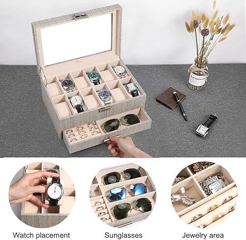 Miniatura 4 de Voova Caja Organizadora de Relojes y Joyas para Hombres y Mujeres, Estuche de Almacenamiento de Relojes de Cuero con 12 Compartimentos, Soporte