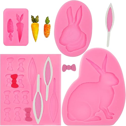 Molde de fondant de conejo de Pascua, 4 unidades, molde de silicona para decoración de pasteles, dulces, azúcar, cupcakes, resina, polímero de