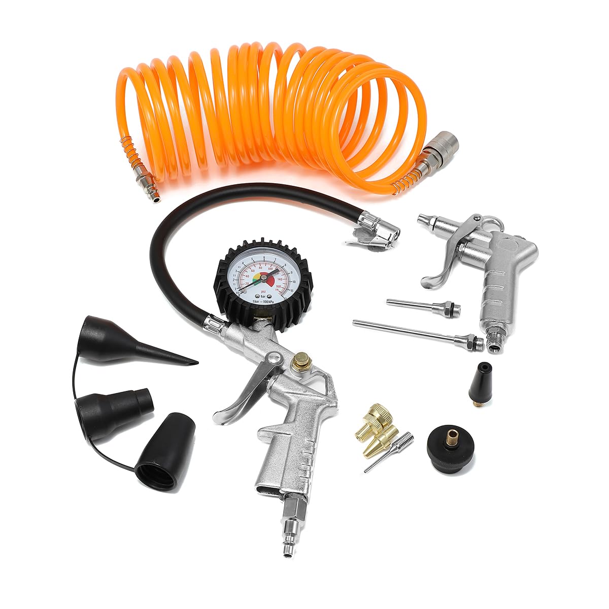 Air Compressor Accessory Kit Includes Blow gun, Air Compressor Hose,a Tire Inflator Gauge, and Various Adapter Attachments