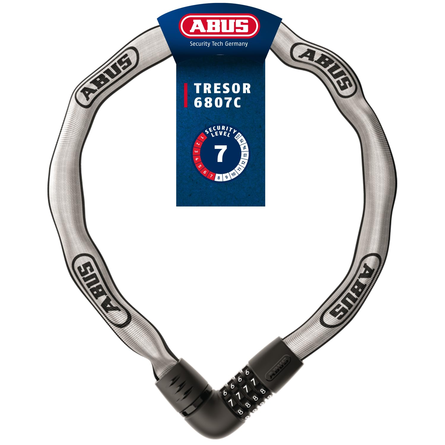 ABUS Kettenschloss Tresor 6807C, długość 110 cm, odblaskowy | Zapięcie rowerowe z 4-cyfrowym kodem, łańcuchem kwadratowym 7 mm i ochroną przed sondowaniem