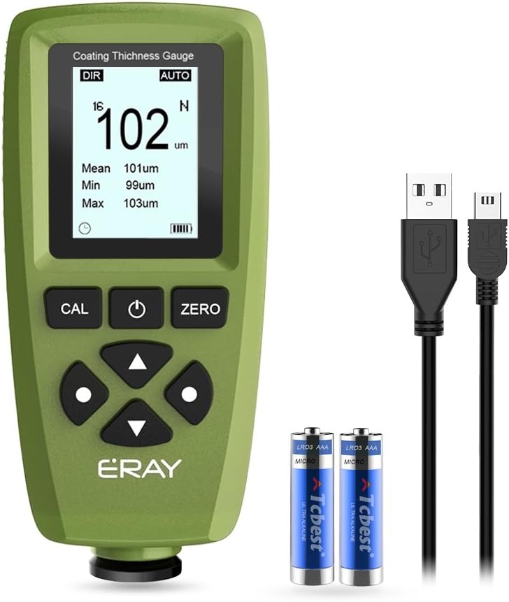Mil Thickness Gauge, Coating Thickness Gauges, ERAY Paint Depth Gauge Meter with Backlight LCD Display for Car Automotive, Limit Alarm/Data Storage/Export Data/PC Software Analysis (Green)