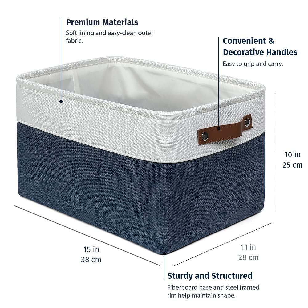 OrganiHaus Large Storage Bins for Shelves 3 Pack | 15x11in Closet Storage Bins for Shelves | Fabric Storage Bins | Cloth Baskets & Closet Organizers | Fabric Basket - Navy Blue/White