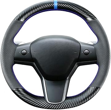 Carbon Fiber Steering Wheel Cover Custom Fit for Tesla Model 3 2017-2023 / Model Y 2020-2025, Microfiber Leather Perforated Breathable Sew Wrap, Sport Blue Stitching Interior Accessories