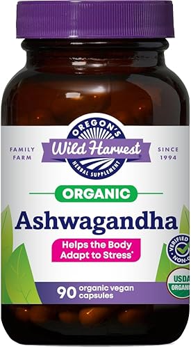 Oregon's Wild Harvest, Ashwagandha orgánica certificada, suplemento de hierbas para reducir el estrés, 1200 MGS, 90 unidades