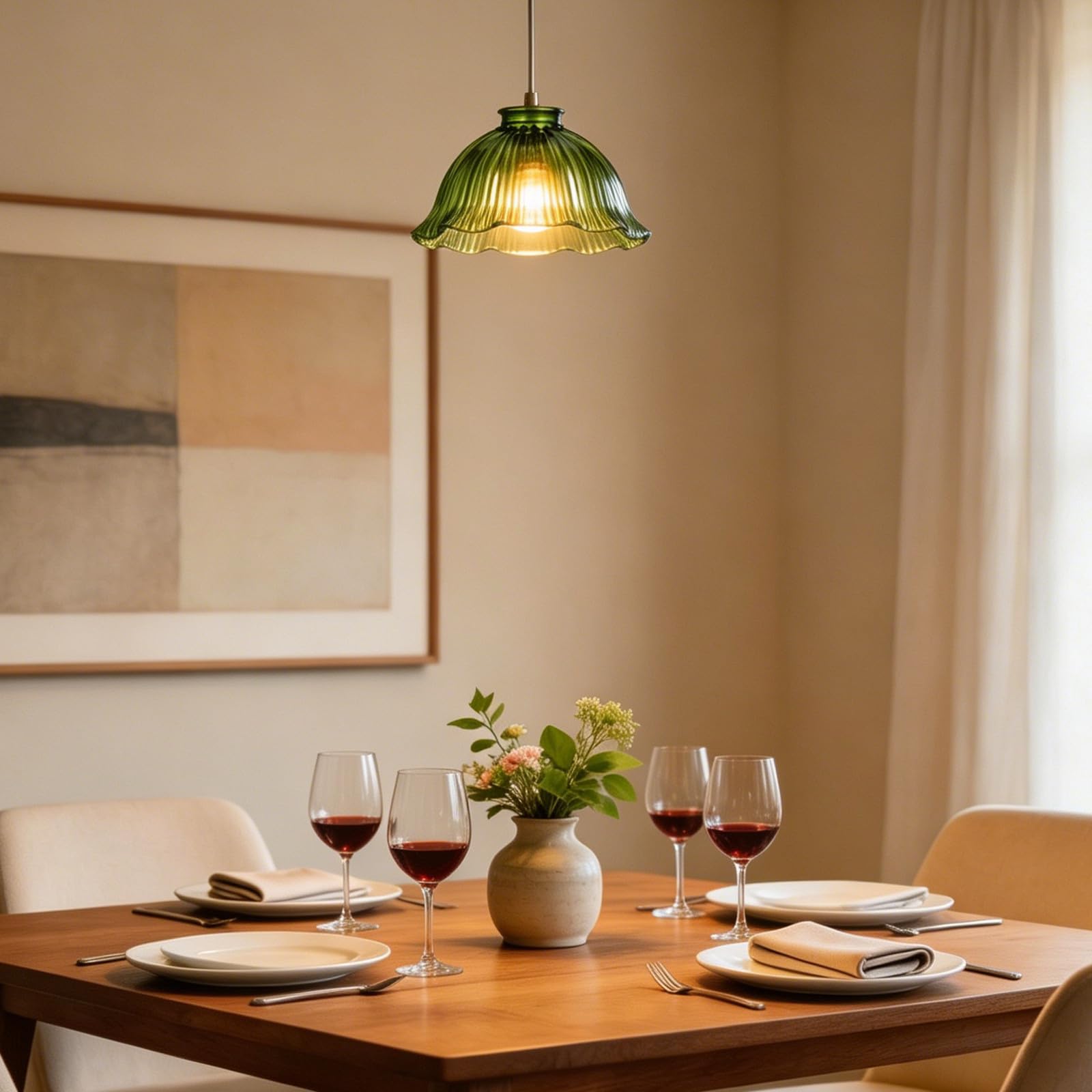 KICHOUSE Paralume in Vetro Verde Vintage per Lampadario Sospensione Design Semplice e Funzione di Attenuazione Luce, Facile da Rimuovere per Soggiorno o Cucina