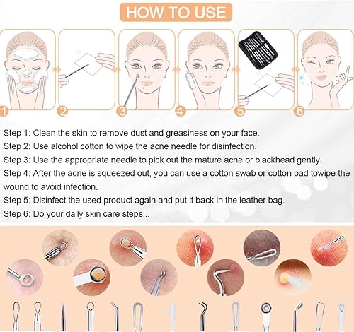 Miniatura 8 de Removedor de puntos negros, 9 piezas de herramientas para explotar espinillas, extractor de espinillas de acero inoxidable, herramienta de