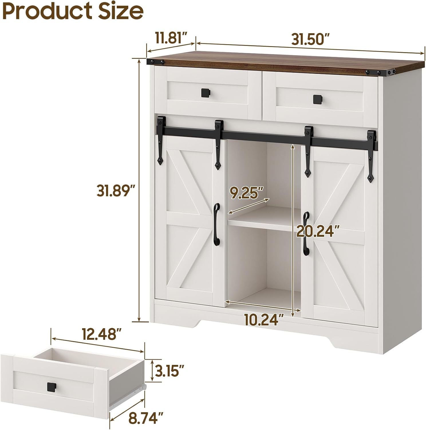 Diagram showing detailed product dimensions of the storage cabinet