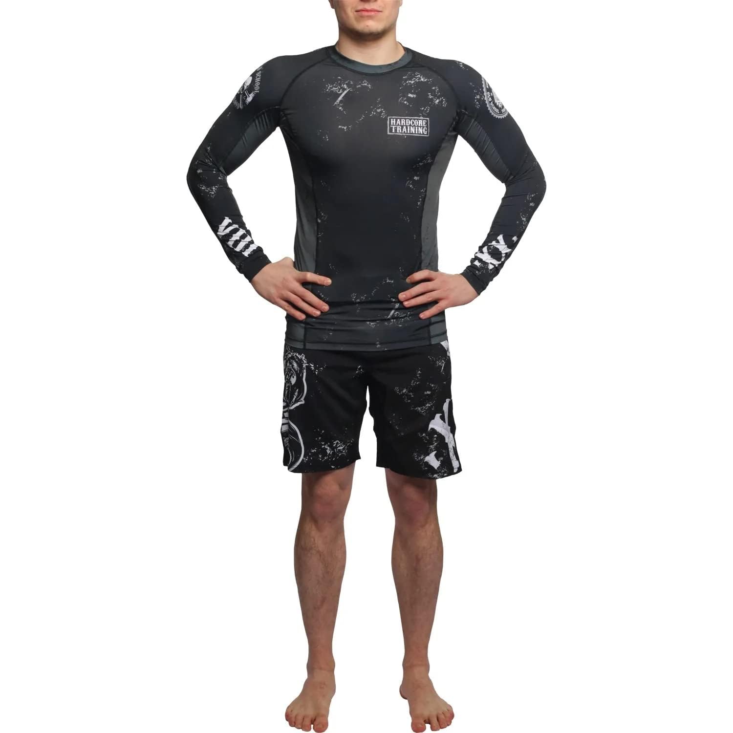 Hardcore Training Rash Guard Mężczyźni Kompresja Koszulka Długi Rękaw BJJ MMA No-Gi Obcisła Grappling Boks (DE/NL/SE/PL, Alfa, M, Regularny, Regularny, Black White Dark Grey)