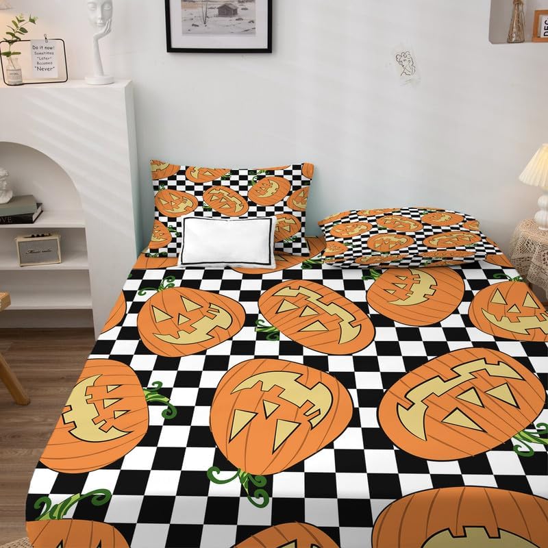 Miniatura 3 de Juego de sábanas de calabaza de Halloween, tamaño California King, sábanas a cuadros en blanco y negro para niños y niñas, bolsillo suave y profundo