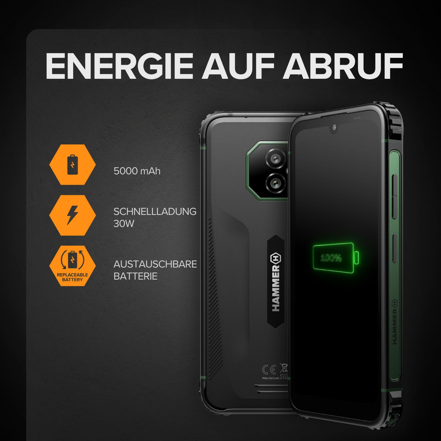 Hammer Ranger 4G Rugged Smartphone IP69, 6", 8+8GB RAM, 256GB, 5000mAh, Dual SIM, eSIM, NFC, Schwarz