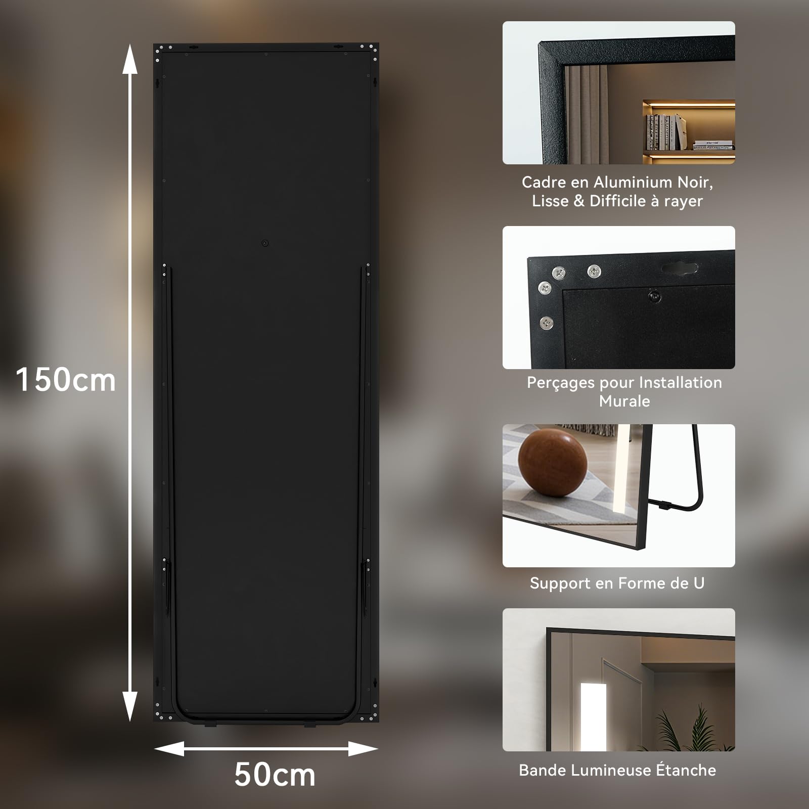 Grand Miroir sur Pied LED 150x50cm, Miroir Plein Pied Mural, 3 Couleurs Dimmable, Cadre Aluminium, Rectangulaire Noir