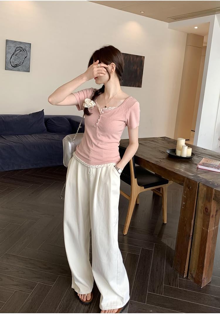 Women Lace Trim Y2K Cute Tshirt Coquette Floral Summer Ribbed Knit Crop Top Fairycore Baby Tees Cottagecore 90s Shirt - Image 5