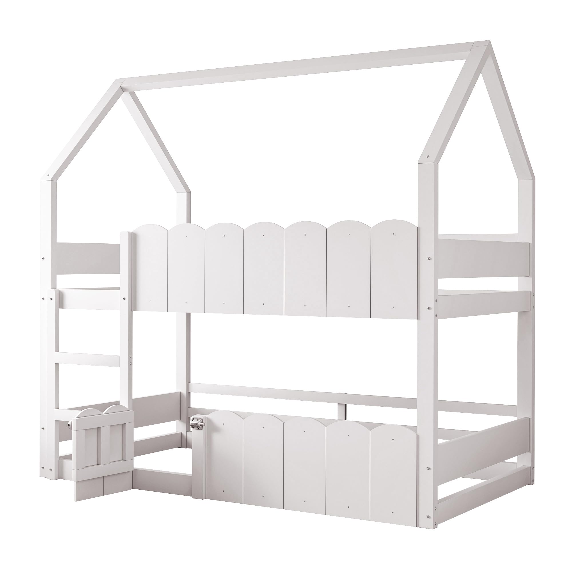 Kinder-Etagenbett 90 * 200 cm, Hausförmiges Design mit erhöhten Sicherheitsgeländern. Das Obere Bett verfügt über Einen Lattenrost. Geeignet für Jungen und Mädchen Weiß