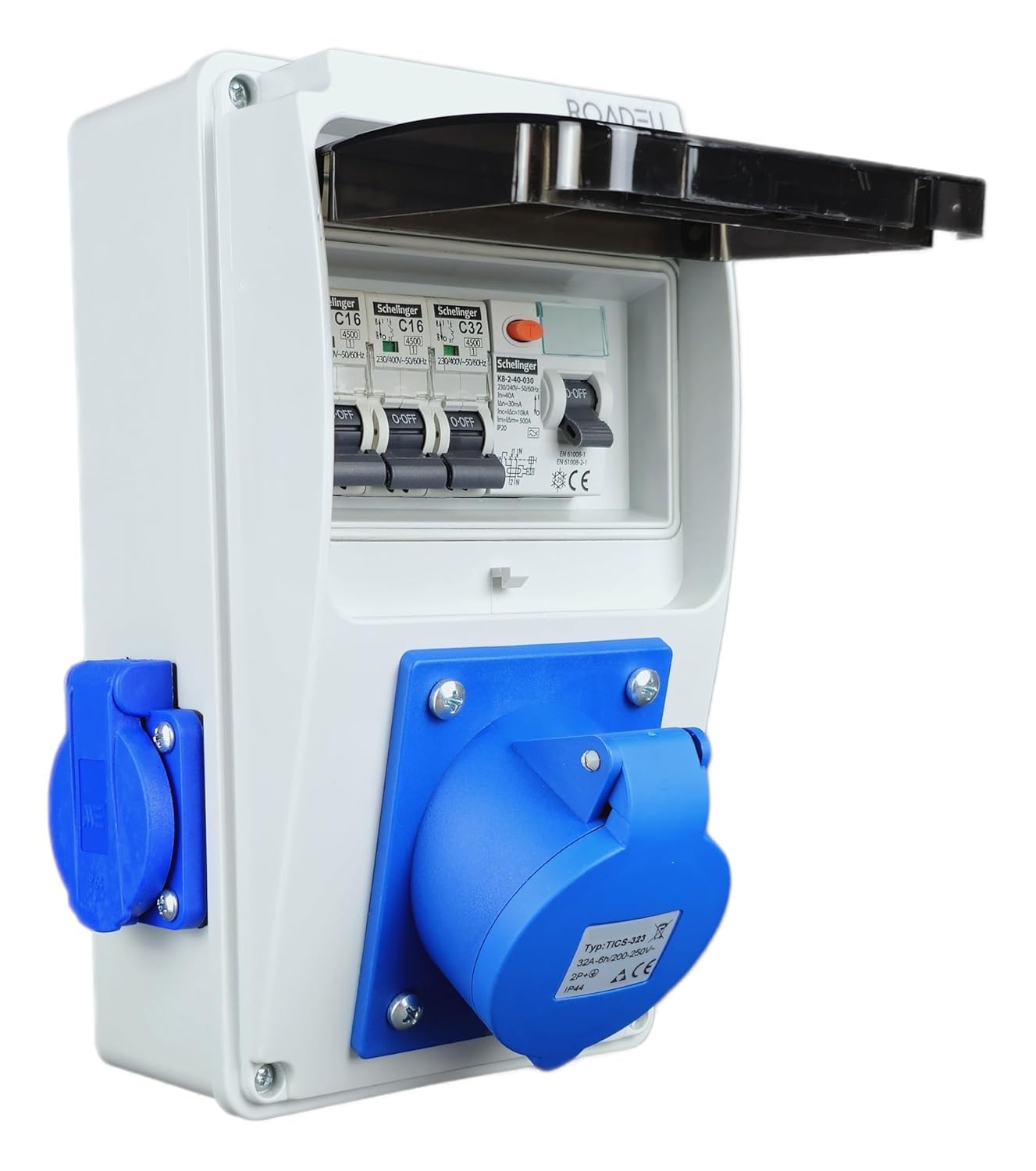 RoadEu - Distributeur de courant 230V. Prise monophasée CEE 32A 3P et 2x 230V. Répartiteur de prises avec disjoncteur différentiel. Prises intégrées avec boîte à fusibles