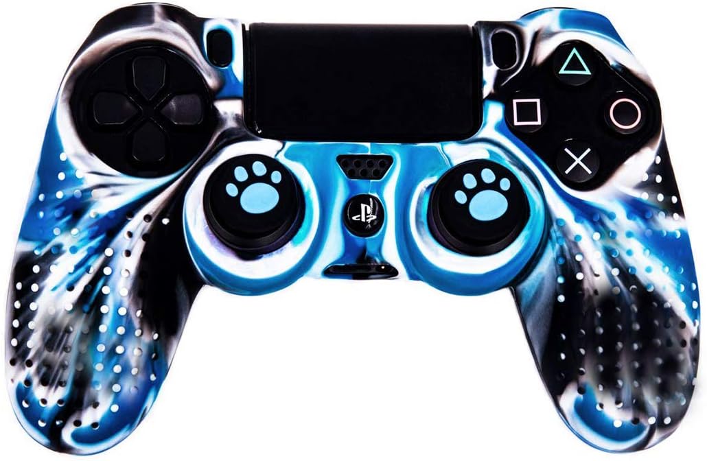 Taifond Anti-Slip Silicone Controller Cover Protective Skins for PS4/SLIM/PRO Controller with 4 Thumb Grip Caps (White&Blue)