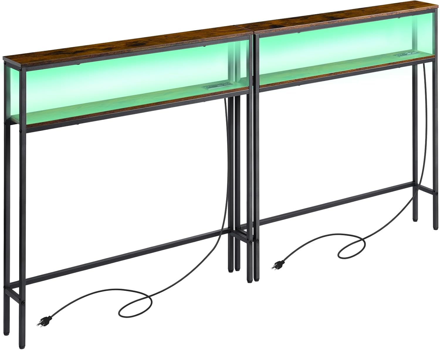 ELYKEN 2 Pack 5.9" Narrow 2-Tier Console Sofa Table with LED Strip Light, 5.9" Dx39.4”Wx39.4”H Behind Couch Table with Charge Station, Skinny Table with 6.5’ Extension Cord, Rustic Brown