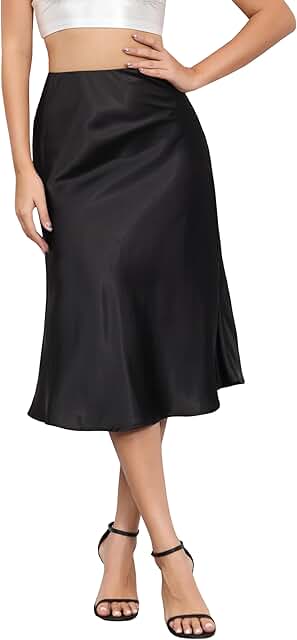 ALCEA ROSEA Womens Satin High Waisted Silky Midi Skirt Elastic A-line Sk...