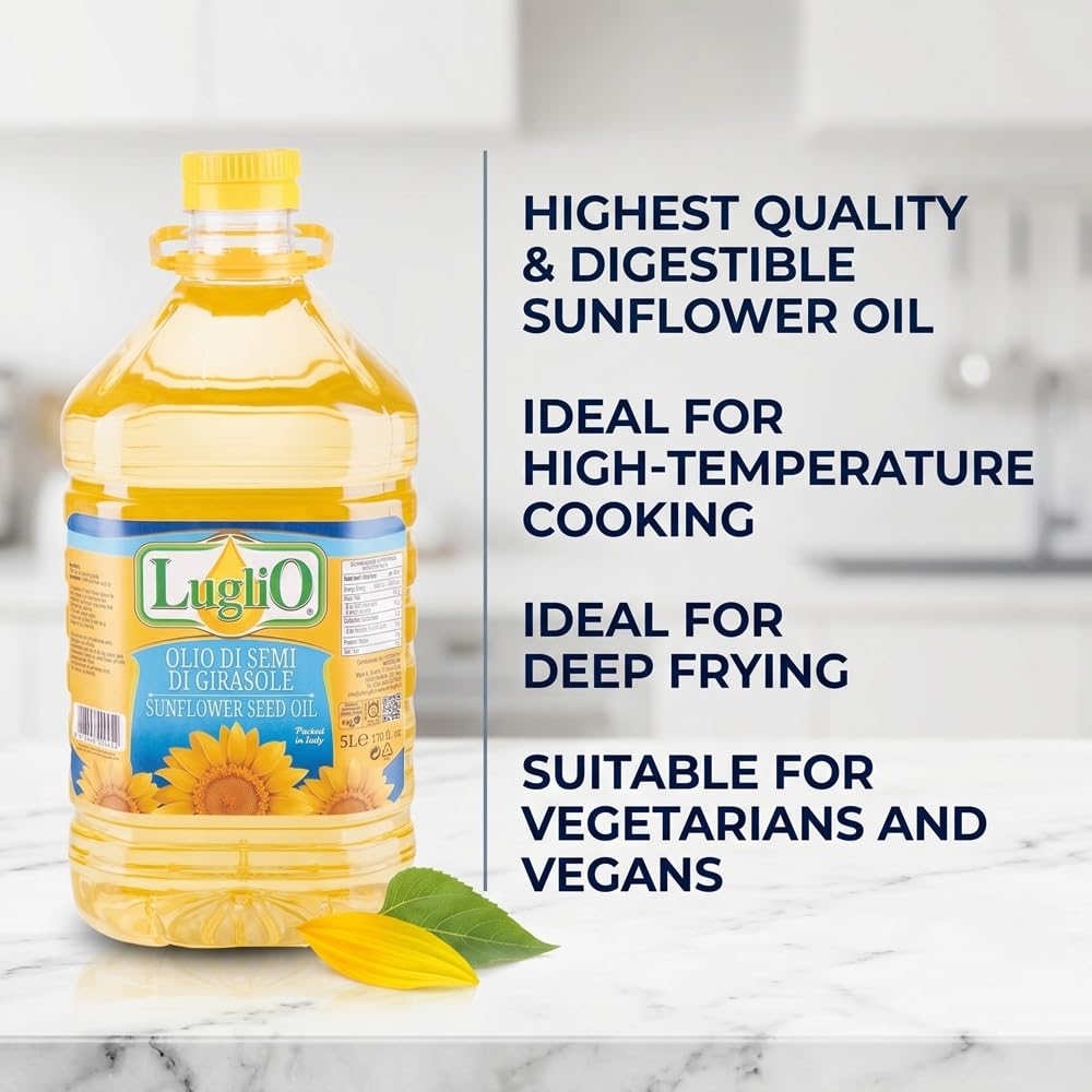 Huile de Tournesol (5 Litre) Huile Comestible Grand Récipient I Huile de Friture I Idéal pour la cuisson des Rôtis et des Salades Par Olio Luglio | Huile Comestible | Huile de Friture I Idéal pour la cuisson des Rôtis et des Salades
