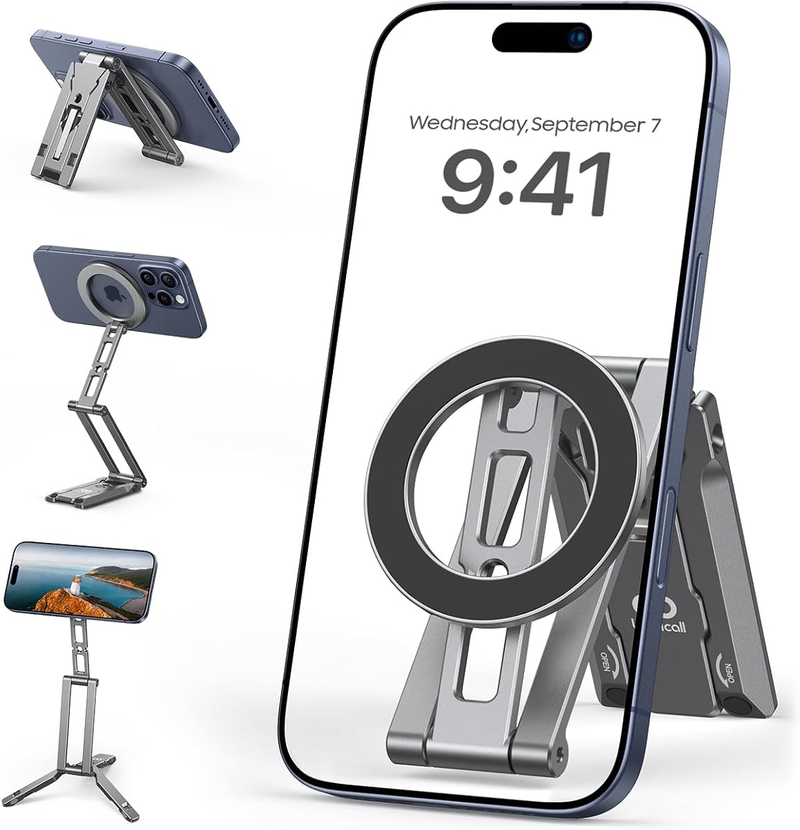 【Hook Included】 Smartphone Tripod Stand Compatible with MagSafe, Desktop Lamicall: Foldable Aluminum Photography Mini Selfie Magnet Multi-functional Portable Holder Fixed Angle 360-Degree Rotation for