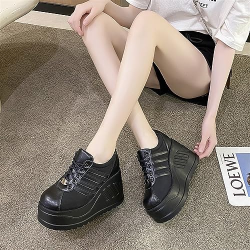 TOSOFT Black White Sneakers for Women Fashion Round Toe Lace-Up Platform Slope Heels Wedge Sports Walking Shoes (Color : Black, Size : 37)3