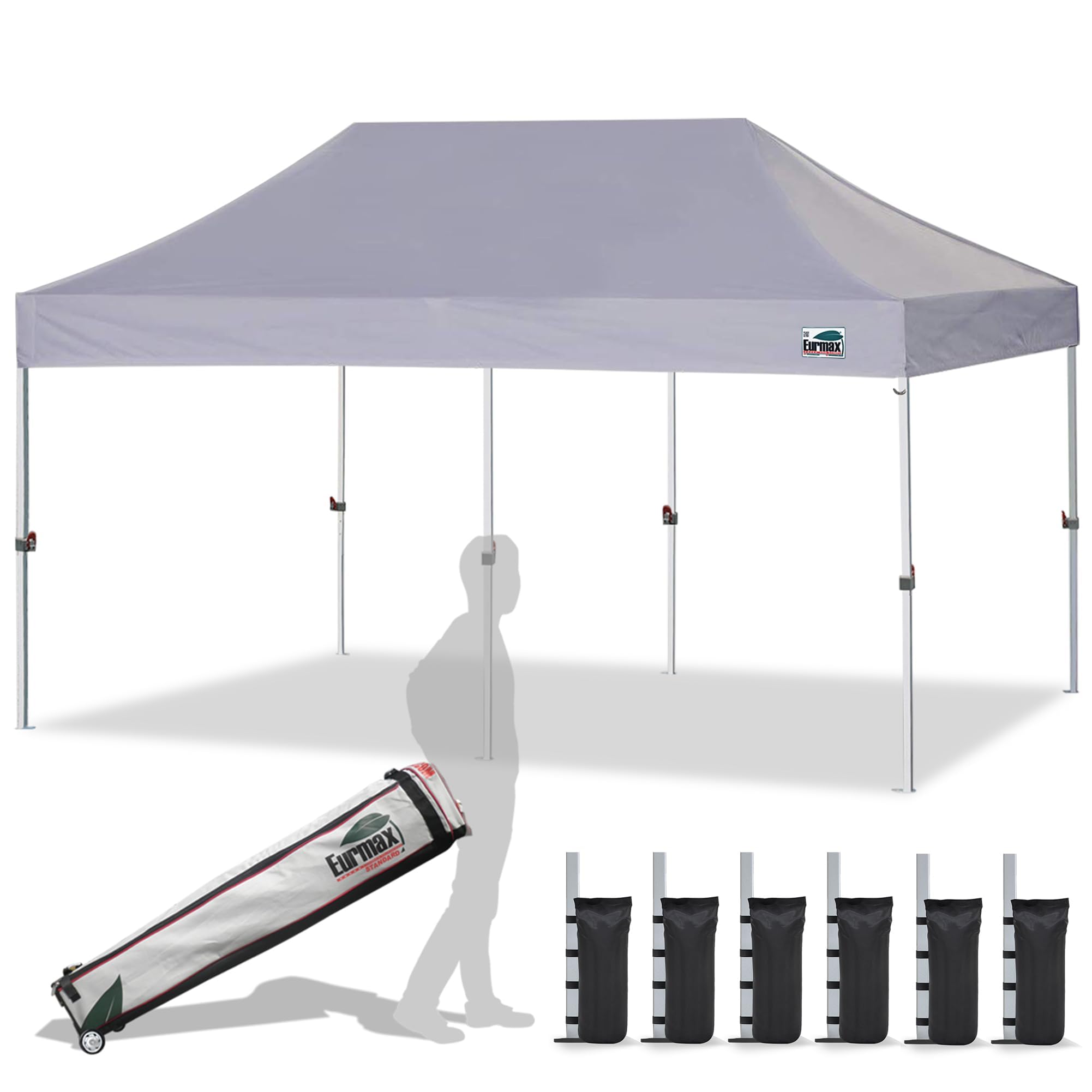 eurmax usa 10x20ft pop up canopy, commercial instant tent for outdoor events, patented no-tip rolling storage bag with 6 sandbags,uv & water resistant,heavy duty portable shelter gazebo,grey