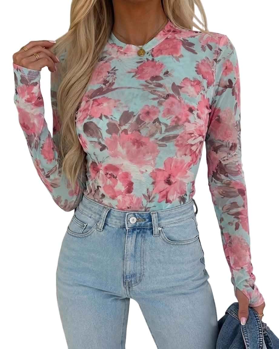 CHICME Womens Mesh Long Sleeve Top Sheer Going Out Shirt Floral Print, See-Through Stretchy Fabric, Crew Neck with Thumbholes, Perfect for Party, Concerts and Early Fall Layering