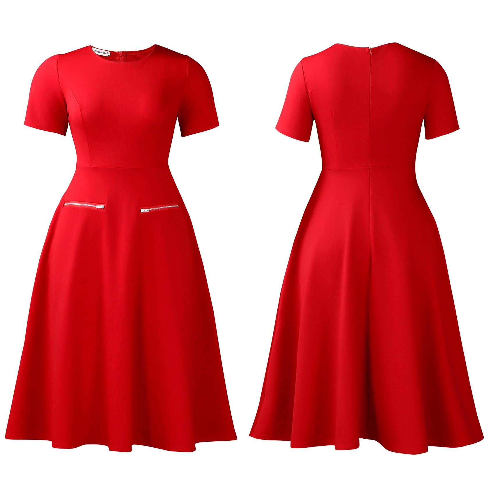 Vestido Midi Casual De Corte A Para Mujer Elegante, De Cuello Redondo, Manga Corta, Con Bolsillo Simulado, Ideal Para La Oficina, El Trabajo, Ocasiones Formales Y Fiestas