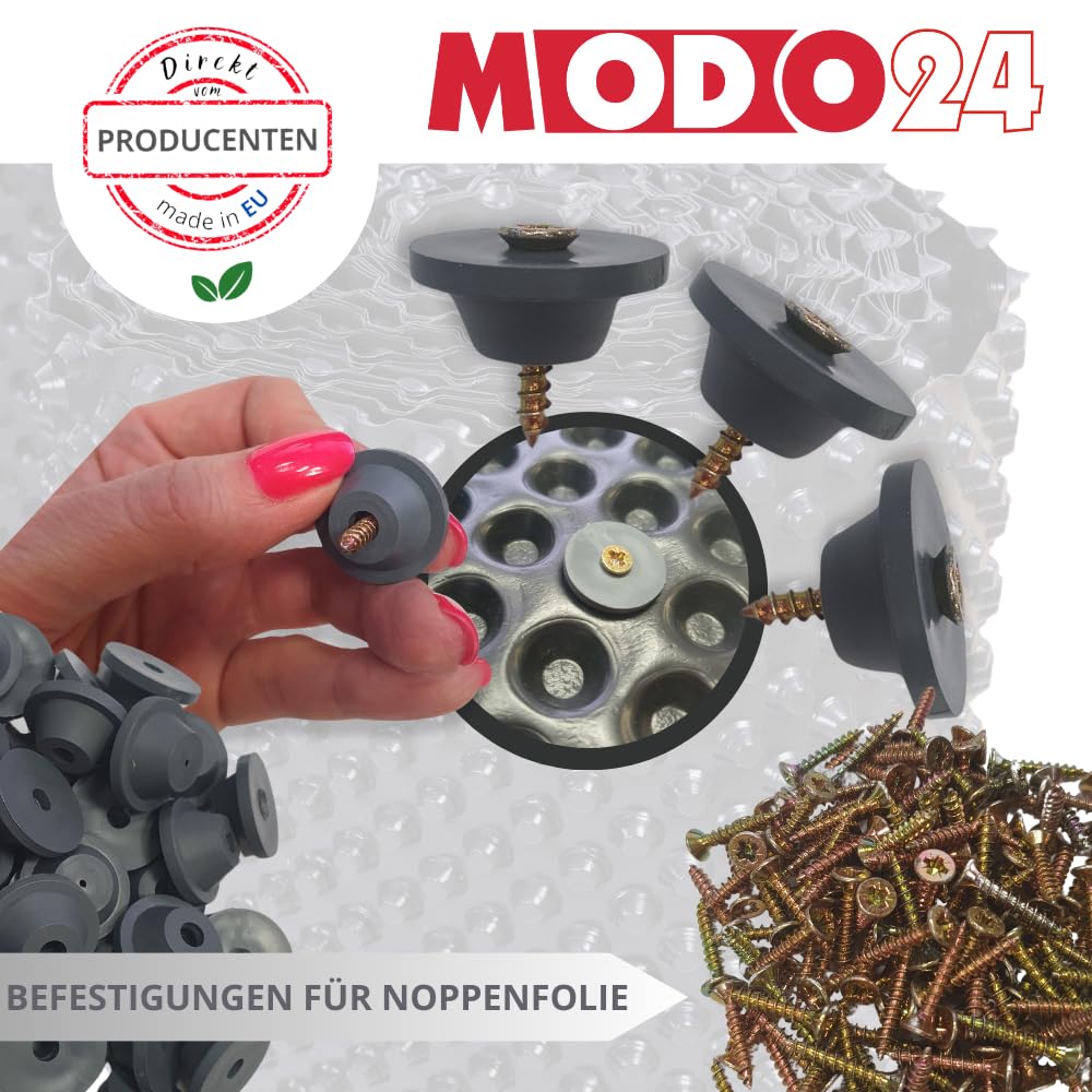 Noppenfolie für Hochbeete, Noppenbahn mit Montageset, Hochbeetfolie, Schutzfolie, Drainagefolie, Noppenmembran, Dichtungsbahn, Isolierfolie, Abdichtung, Schutz für Holzkonstruktionen, ABM. 19x430 cm