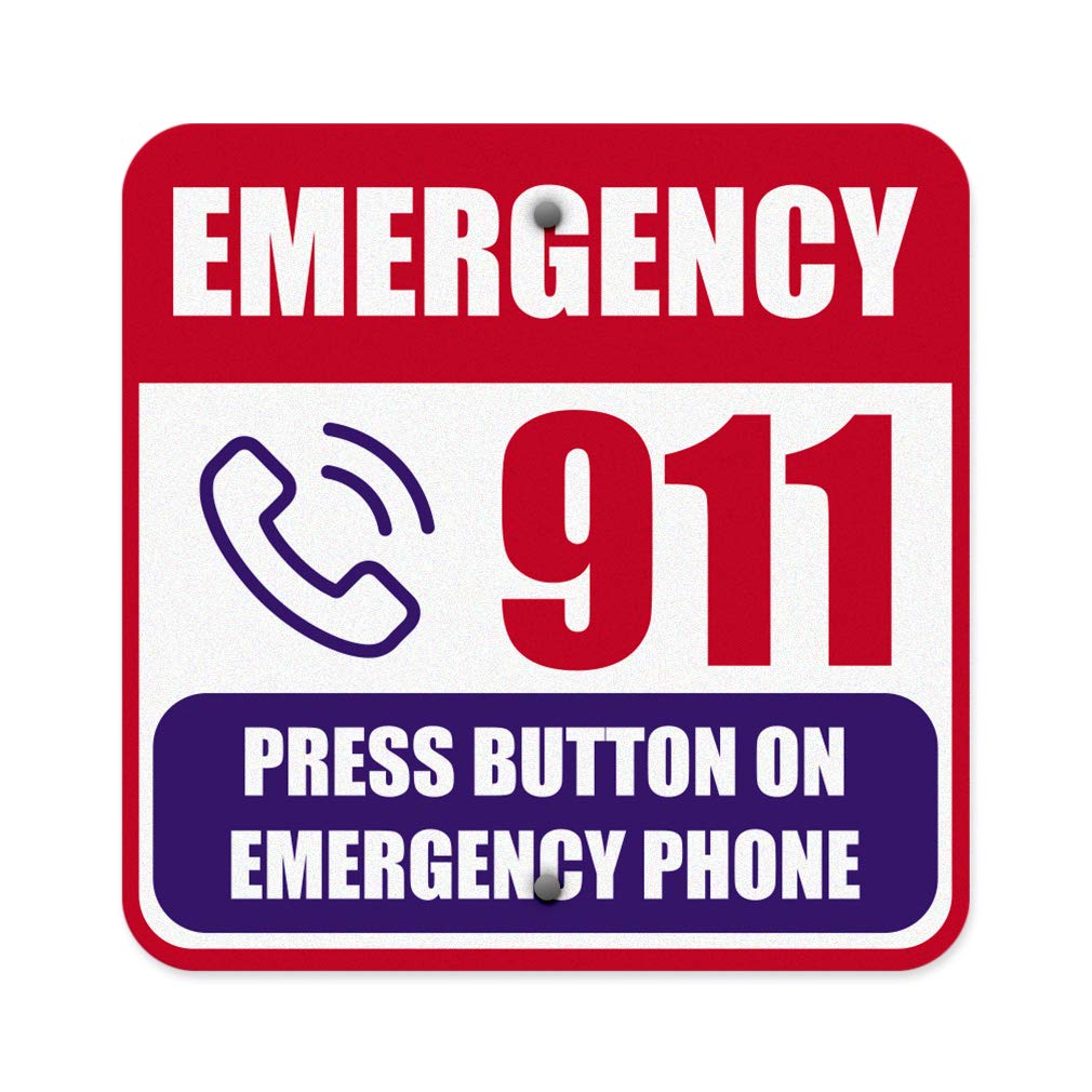 Aluminum Square Metal Sign Multiple Sizes Emergency 911 Press Button on Phone Hazard Red Equipment with Border Weatherproof Street 12x12Inches