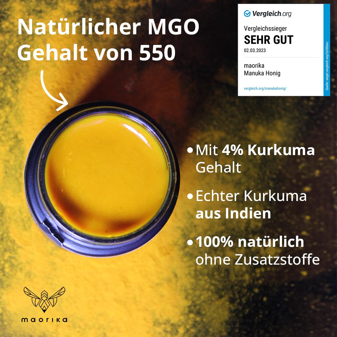 maorika - Manuka Honig 550 MGO im Glas (lichtundurchlässig) - laborgeprüft, zertifiziert aus Neuseeland (Manuka Honig mit Kurkuma)