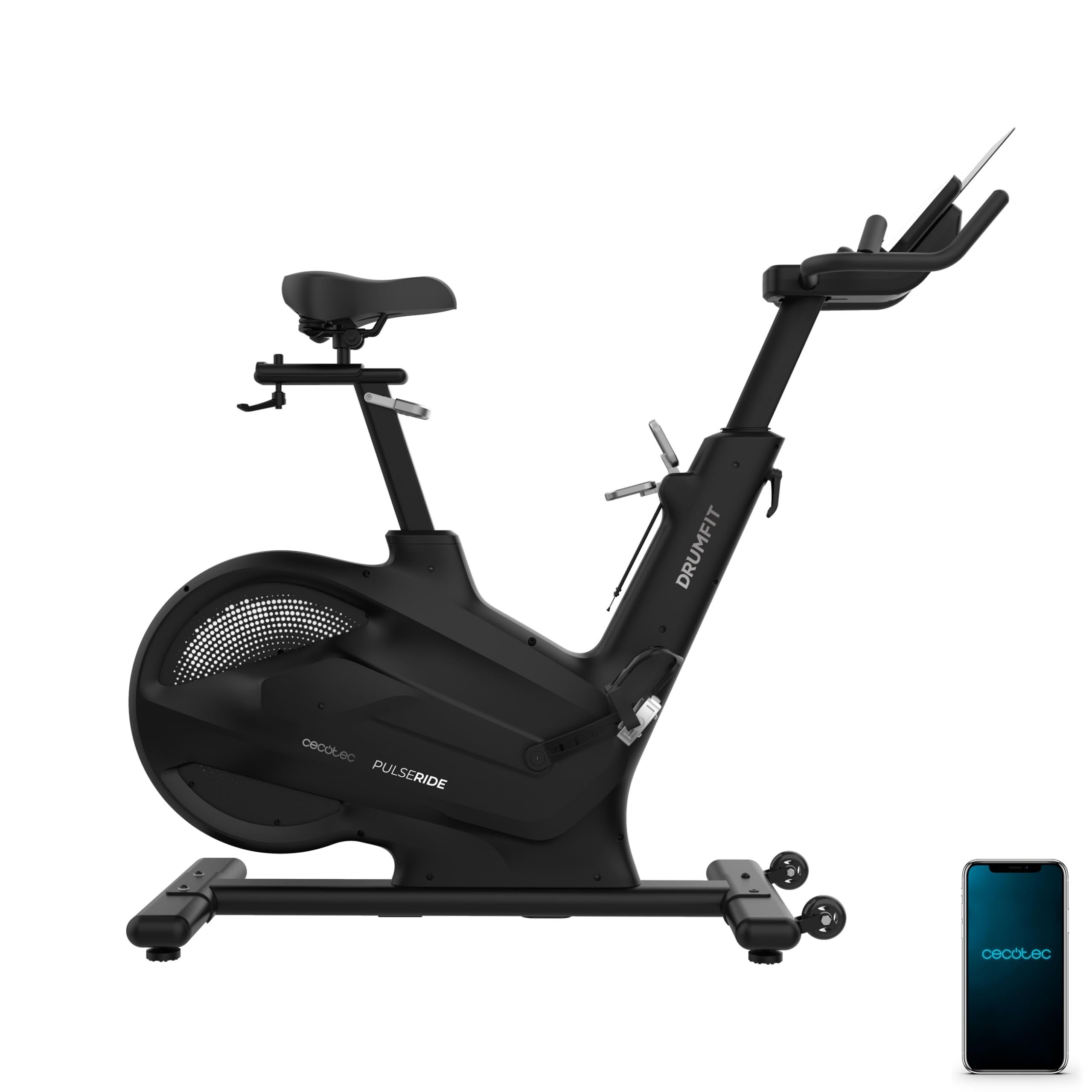 Cecotec Bicicleta Estática Indoor Drumfit PulseRide. Volante de Inercia 20kg, Resistencia Magnética 16 Niveles, Pantalla LED, Estructura de Aluminio hasta 135kg, Compatible Kinomap y Zwift
