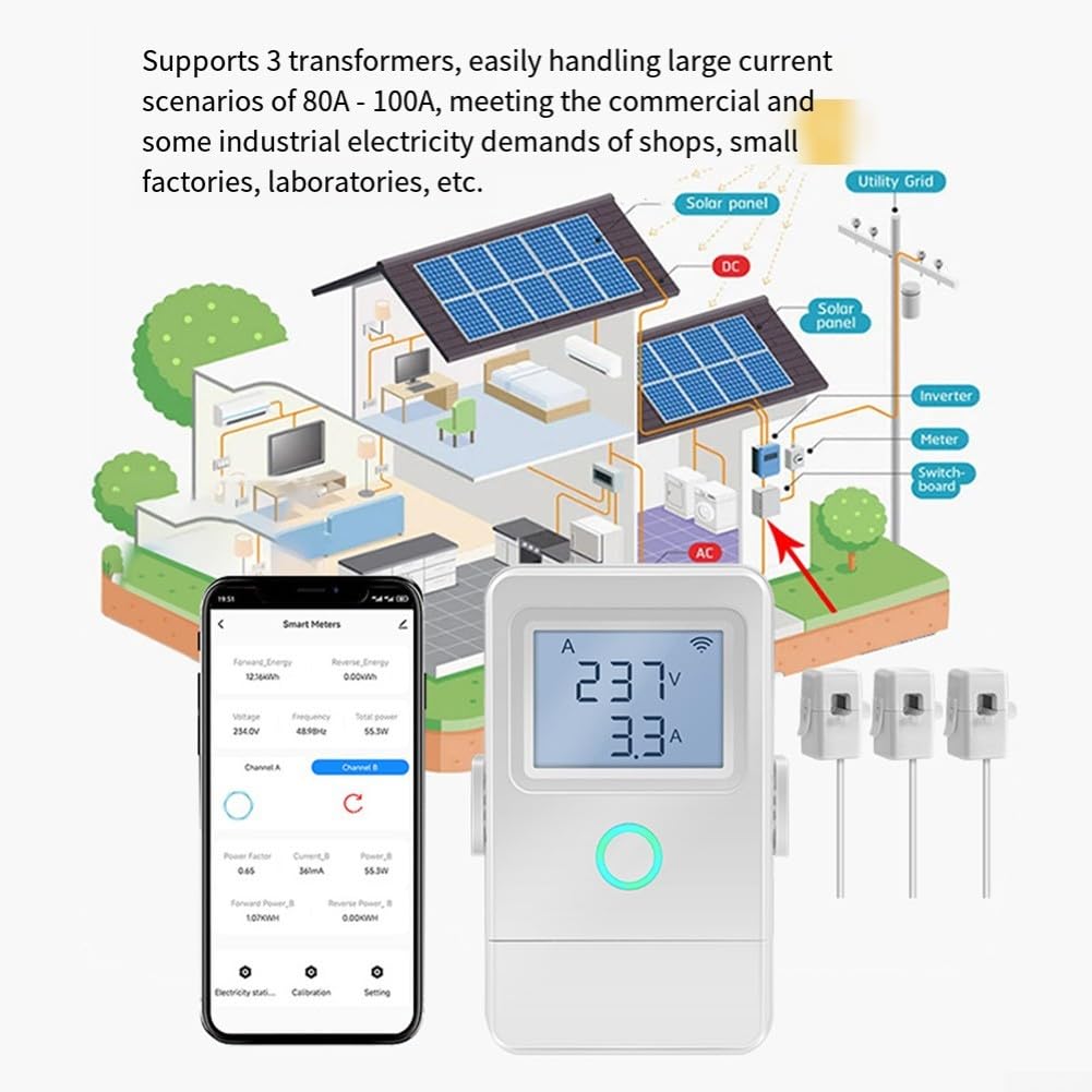 Tuya - Contador de corriente WiFi (3 canales, LCD, 100 A)