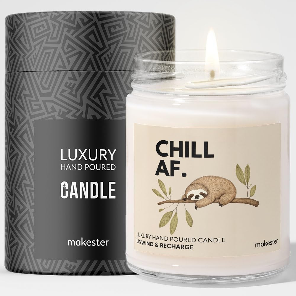 Makester White Sloth Gifts - Luxury Soy Wax Candle - Vanilla, Jasmine, Sugared Almond