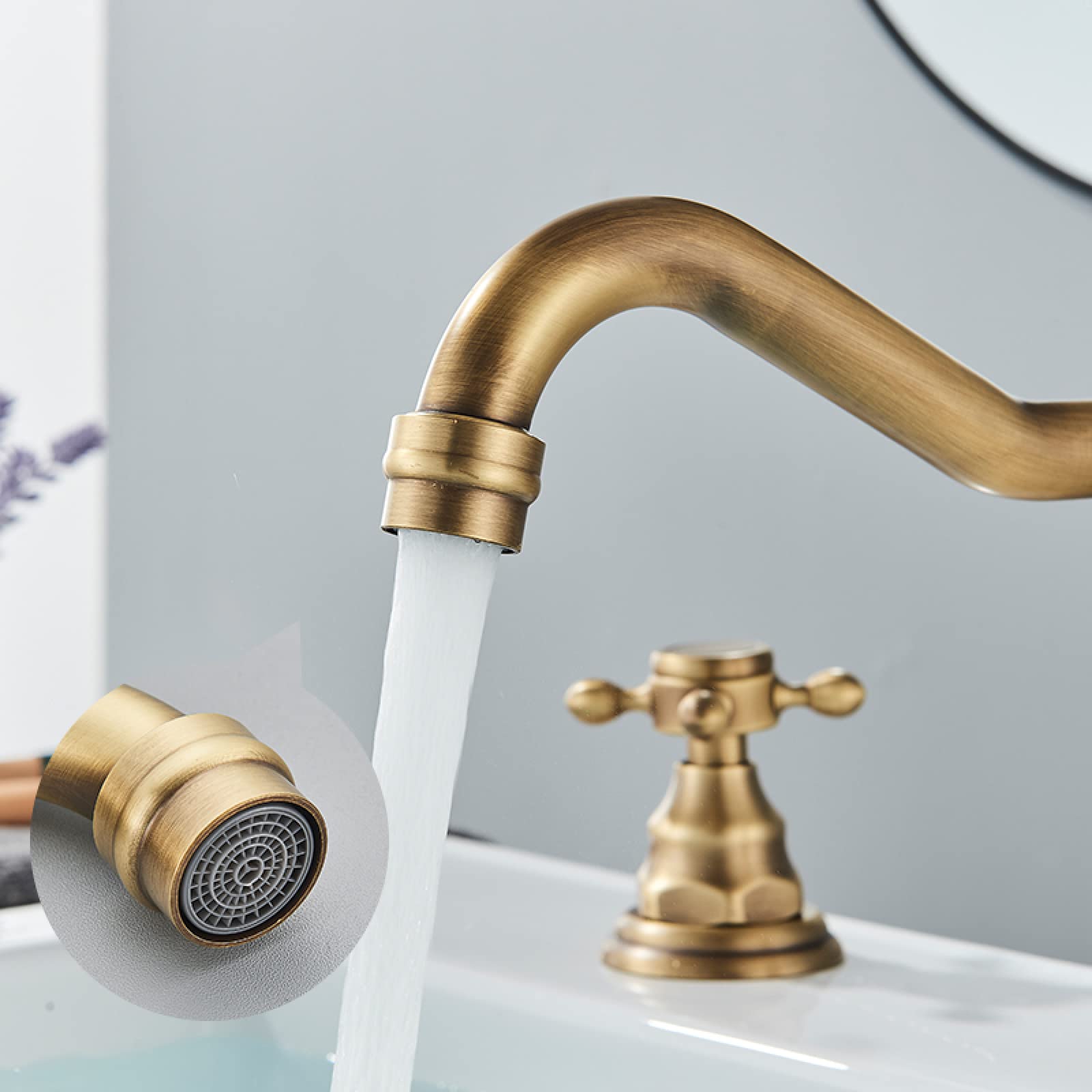Vintage Badezimmerarmatur, Warm- und Kaltwasser, Messing, 2-Griff-Armatur für Waschbecken mit 3 Löchern, Kreuzmuster Gold (Farbe: Gold)
