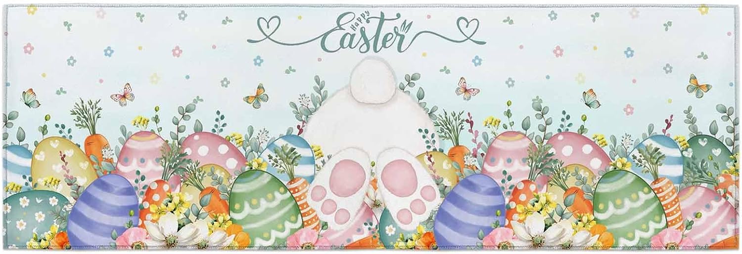 Kitchen Mats for Floor Easter Spring Flower Eggs Bunny Washable Non Slip Kitchen Rugs 1PCS, Rabbit Tail Farm Floral Plant Absorbent Standing Mats for Sink Bathroom Office Living Room 23.6x70.9in