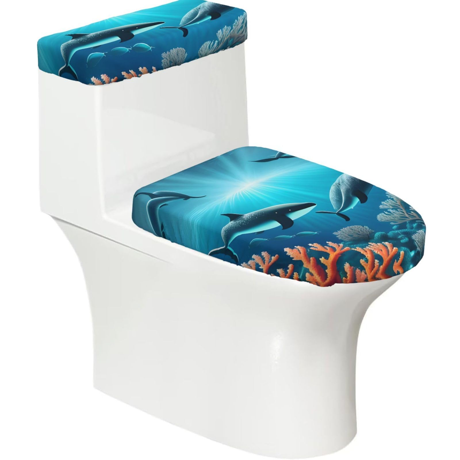 Whales Under the sea Elastic Toilet Cover Set of 2-Stretchy Lid and Tank Covers for Bathroom, Soft Washable U Shape Toilet Decor