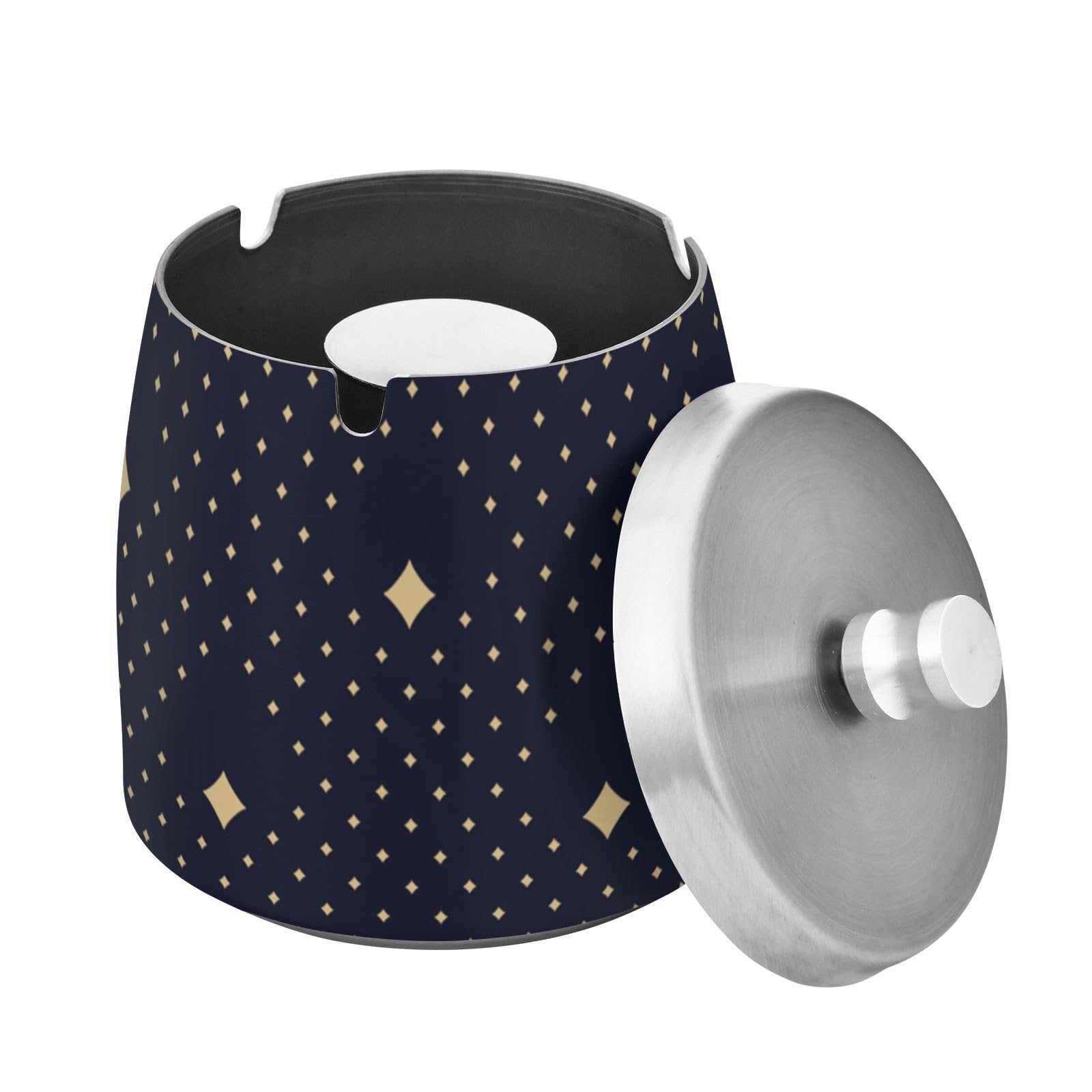 Cendrier de table en acier inoxydable noir avec motif paon et couvercle