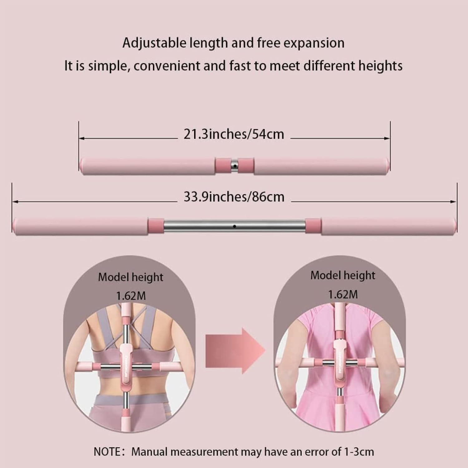 Yoga Sports Training Sticks Stretching Tool for Adults and Kids Back Straightener Posture Corrector Retractable Back Support Hump Posture Orthotics (Color : Pink, Size : 54-86cm)