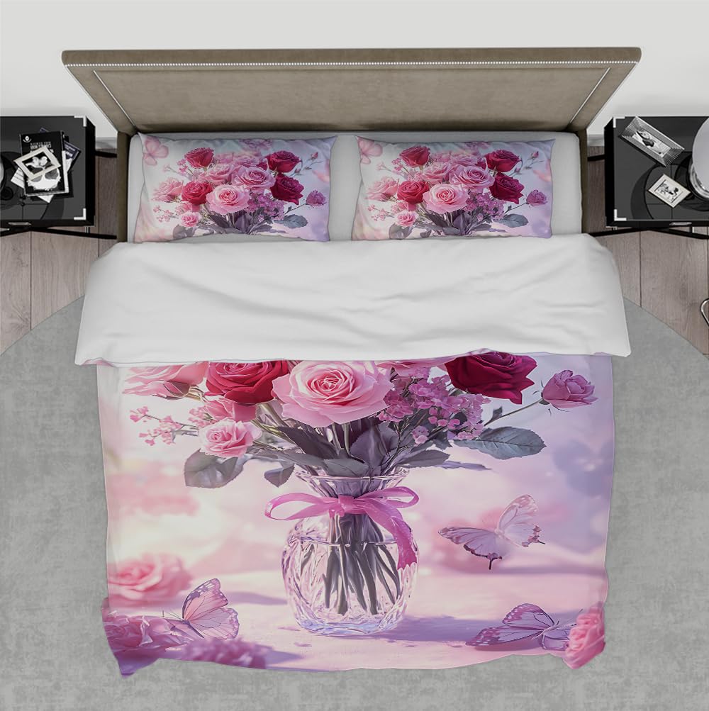 Parure de lit florale rose et rouge 260 x 240 cm pour une décoration de chambre romantique