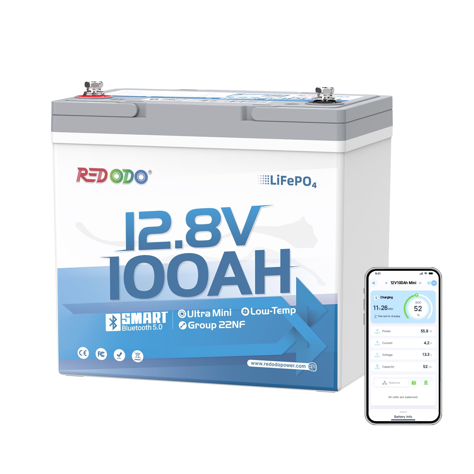 Redodo 12V 100Ah Ultra-Mini LiFePO4 Bluetooth Deep Cycle Battery
