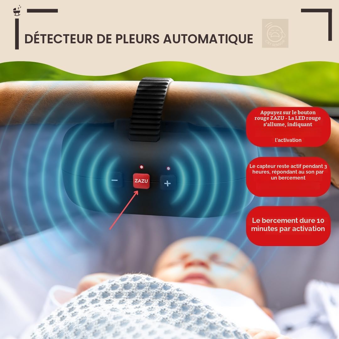 ZAZU Robby Balançoire automatique pour bébé, épaisseur réglable, minuterie 40 min, capteur de cri pour bébé, rechargeable par USB-C, étanche, universel pour poussette et buggy