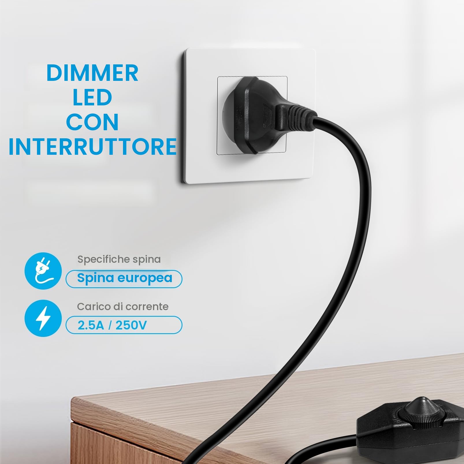 KSIBNW Dimmer Regolatore LED 220-240V, 2M Interruttore Dimmerabile Rotativo Silenzioso Regolabile Regolatore Interruttori Dimmerabili a Manopola Con Cavo e Spina per Lampadina Lampade a LED, Nero