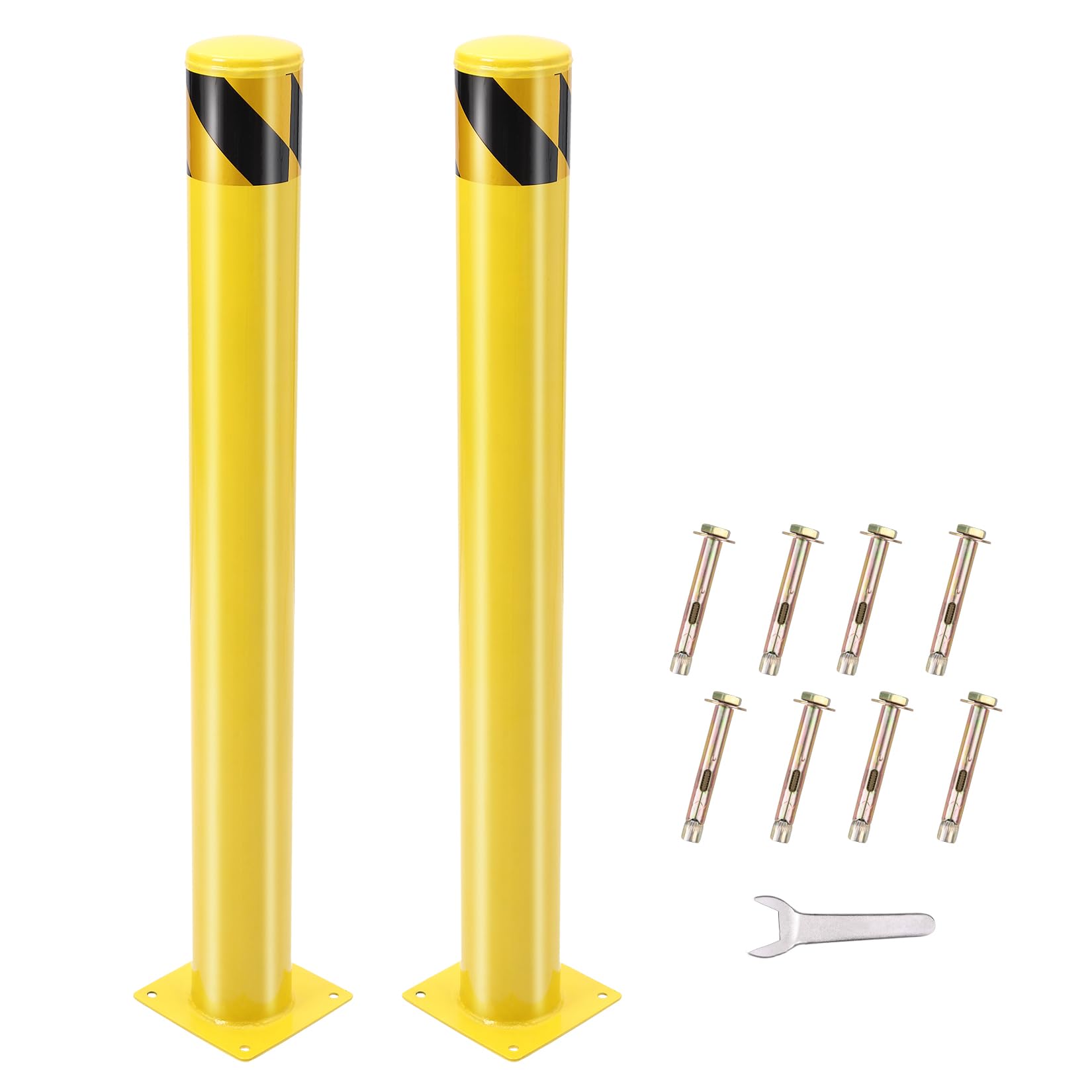 Garvee Barrera de seguridad industrial - Lote de 2 postes de acero amarillo con recubrimiento en polvo - Protección robusta para almacén, estacionamiento, acera - Incluye 8 pernos de anclaje, H: 91 cm