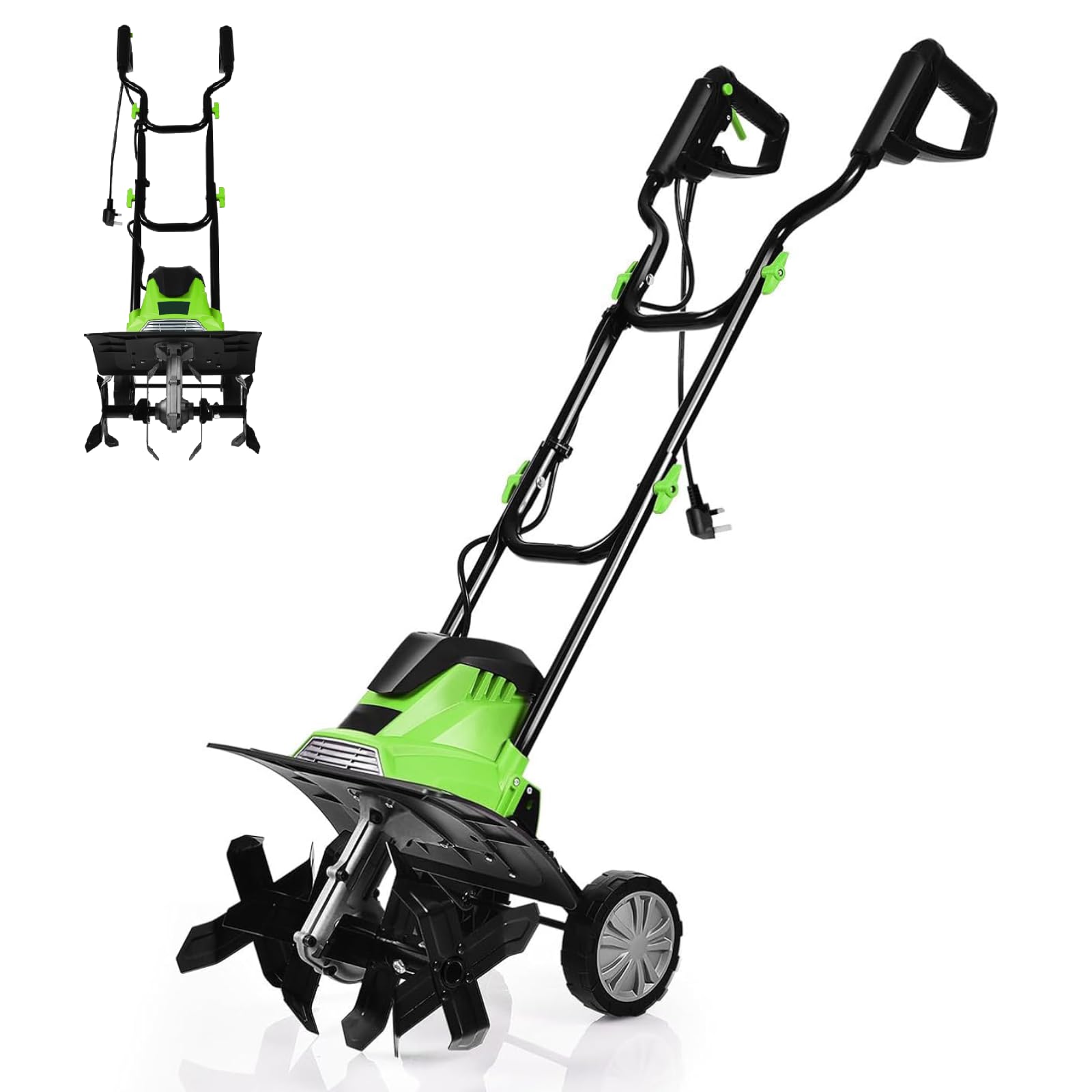 GiantexUK 1200W/1500W Electric Tiller, Lawn Soil Scarifier with 4/6 Blades, Adjustable Wheels & Foldable Handle, Lightweight Garden Cultivator Rotovator Rototiller (35cm Cutting Width, Green+Black)