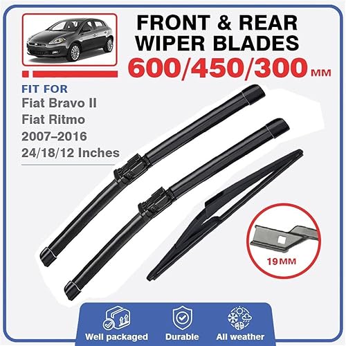 Miniatura 2 de Escobillas de limpiaparabrisas de automóvil compatibles con Fiat Bravo 2 II, Fiat Ritmo 2007-2016, cepillos para parabrisas delantero y trasero,