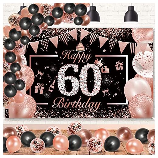 60 Años Decoracion Cumpleaños Mujer Rosa Oro Negro, DJLLA Extra Grande Tela 60 Pancarta Feliz Cumpleaños Póster 60 años Globos Cumpleaños, 60 Cumpleaños Photocall Fondo para Mujer Cumpleaños