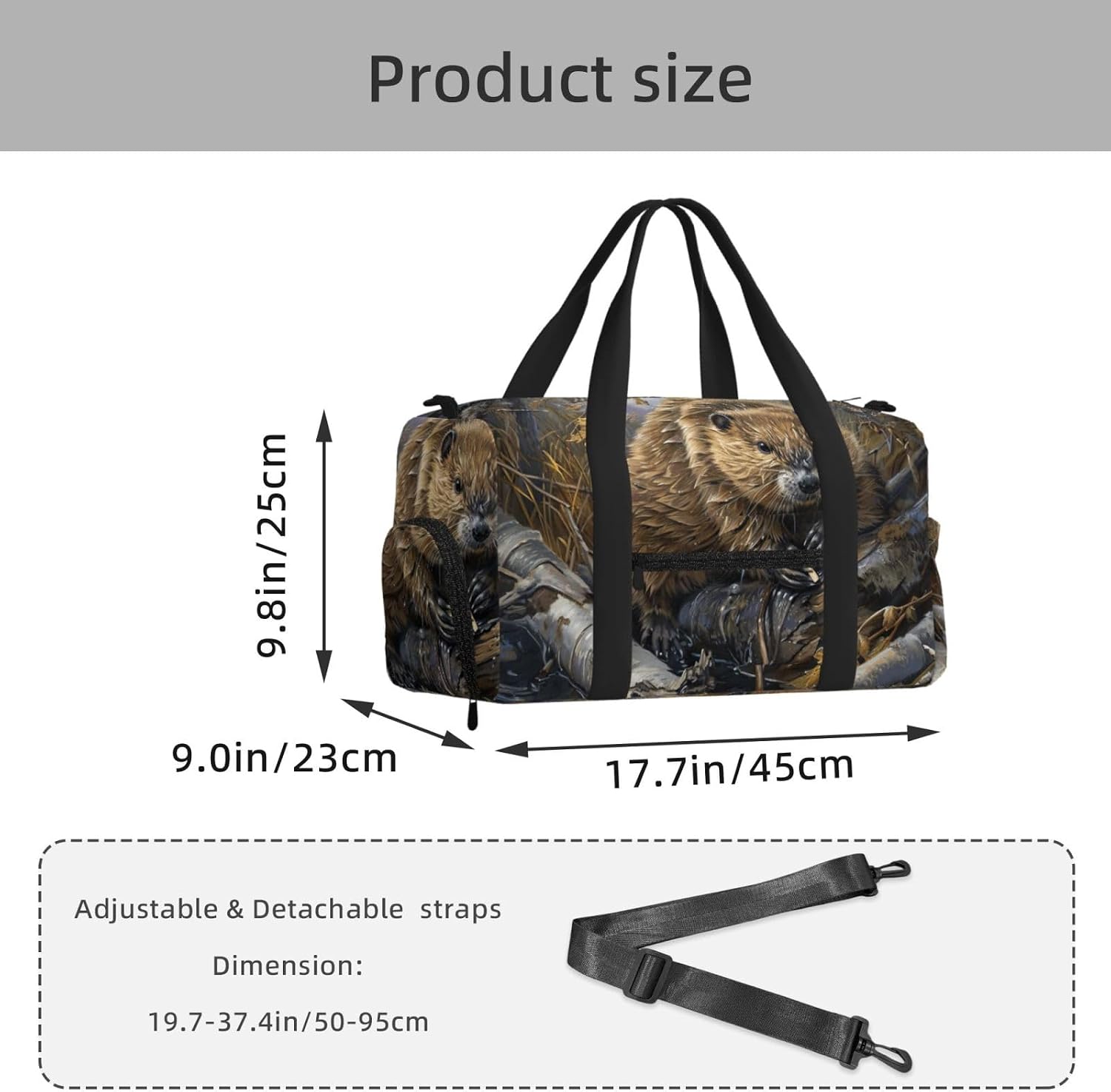 Beaver Working Print Handheld Sports Luggage Unisex Crossbody Bag Travel Weekend Fitness Workout image 3