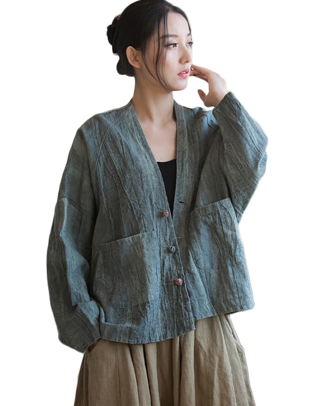 NFYM Damen Leichte Baumwolle Leinen Vintage Tie Dye Loose Fit Open Front Kimono Cardigan Jacke Outwear