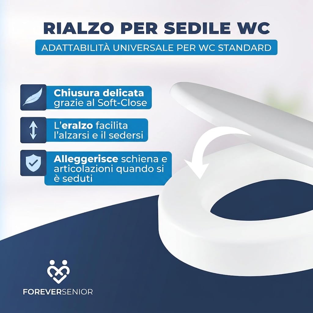Rialzo WC 7,5 cm – Alzawater con Coperchio e Chiusura Ammortizzata Soft Close, Alzasedia WC Ergonomico per Anziani e Disabili, Montaggio Facile e Antiscivolo