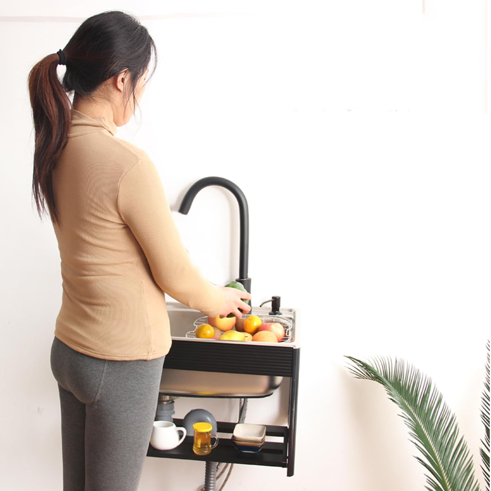 Lavello da Cucina,lavello Cucina a Parete in Acciaio Inox,lavabo Singolo,Set di Servizi con Rubinetto e Tubo per Lavanderia,Facile Pulire (48x35cm/18,9x13,78 Pollici)